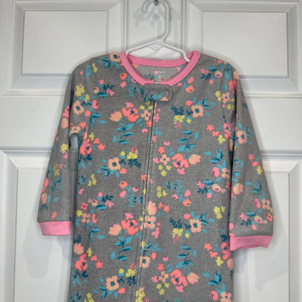 Carters Gray Floral‎ Fleece Footed Pajamas Sleepers Size 3T Toddler Girls